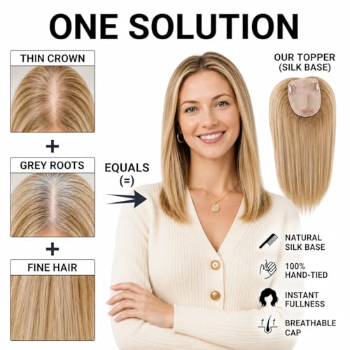 HAIRHOO 12 Inch Ombre Brown Blonde Highlights Hair Topper for Thinning Hair, Real Human Hair, 3.5x4.5 Inch Silk Base, Lightweight Daily Wear