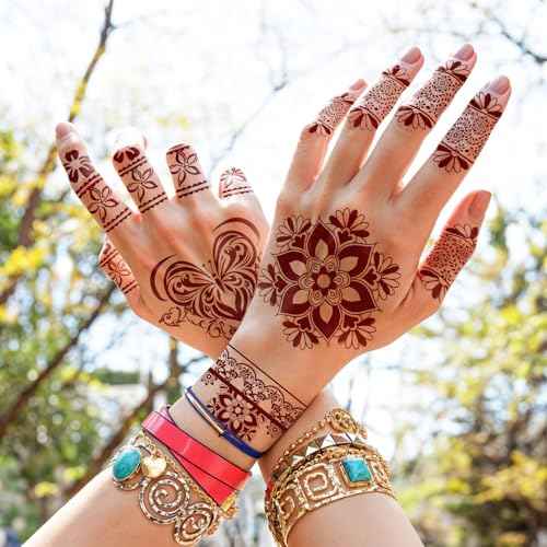 Henna Tattoo 12 Sheets Red Brown Henna Mehndi Temporary Tattoos for Women and Teen Girl, Waterproof Realistic Fake Tattoos for Wedding Beach Rave Festival Party Makeup Body Paint Parties Friends etc