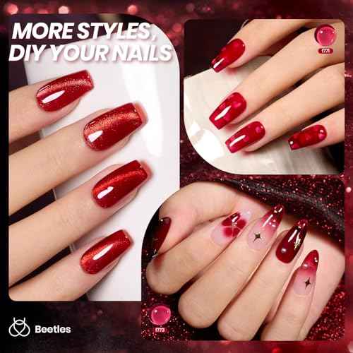 Beetles Red Jelly Gel Nail Polish Set - Luminous Ruby Jelly Gel Polish, 6 Colors Christmas Burgundy Gel Nail Kit Sheer Red Neutral Translucent Effect Soak off UV DIY Salon Manicure Gift for Women