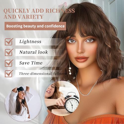 Brown Highlight Bob Wig with Bangs - Wavy Curly Short Hair