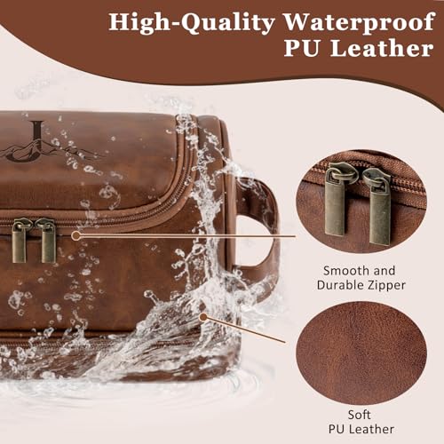 Personalized Hanging Travel Toiletry Bag for Men, Laser-Engraved Monogrammed Initial Shaving Bag for Toiletries Valentines Anniversary Cool Gifts for Men Husband Boyfriend Reddish Brown T