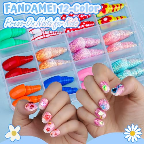 FANDAMEI Kids Press On Nails Set with Stickers & Gems