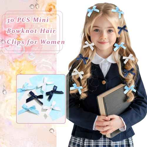 30PCS Navy Blue Mini Hair Bows Small Blue Bows for Hair Silky Satin Bows for Women Cute Hair Ribbon Bowknot Barrettes Sweet Alligator Hair Bow Clips Accessories for Teens and Girls