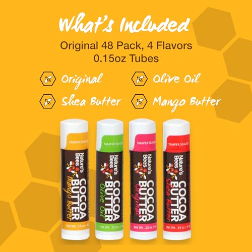 Nature's Bees, Cocoa Butter Flavored Lip Balm Tubes Set Bulk Assortment Chap Treatment Moisturizer For Dry Lips, Original Variety Assortment (Shea Butter, Original, Olive Oil, Mango Butter) - 48 Pack