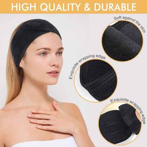 SINLAND Spa Headband for Women Ultra Soft Adjustable Makeup Hair Band with Magic Tape, Stretch Head Wrap for Bath, Shower, Facial Mask, Yoga