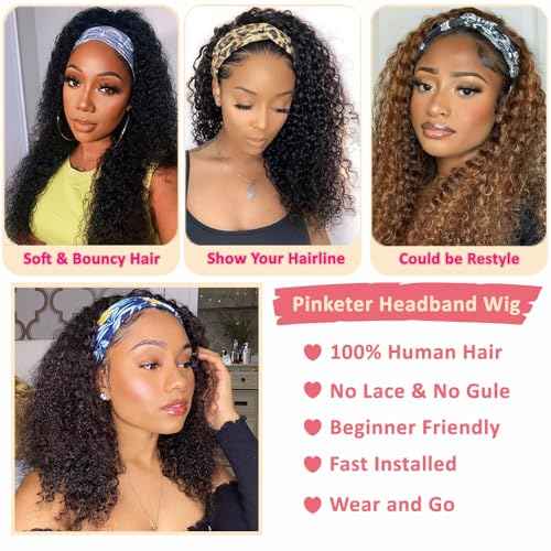 Headband Wig Human Hair Kinky Curly human hair Headband Wigs Machine Made Curly Wig 150% Density Virgin Human Hair Wigs for Black Women Natural Color (Headband Wig, 20inch)