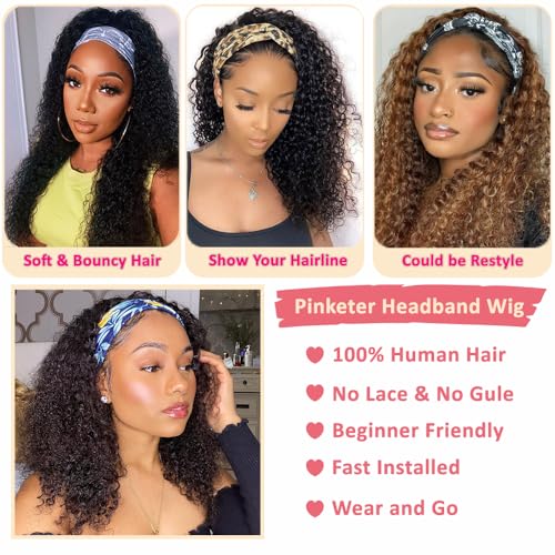 Headband Wig Human Hair Kinky Curly None Lace Front Wig 150% Density Glueless Wigs for Black Women Natural Color (Headband Wig, 18inch)