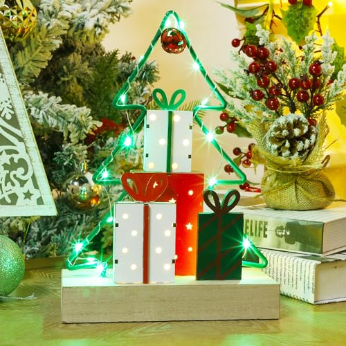 Lulu Home Christmas Tabletop Decoration, Wooden Pre-lit Christmas Tree Ornament with Green Metal Frame, Battery Operated LED Light Up Holiday Sign for Indoor Mantel Shelf Decor