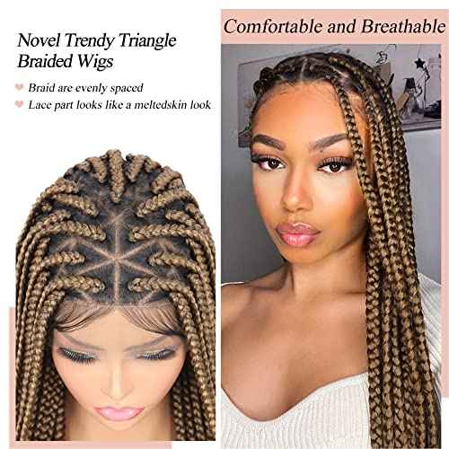 Lexqui 36" Braided Wigs for Black Women Triangle Knotless Braided Lace Front Wigs Box Braid Wig Full Double Lace Front Braided Wig with Baby Hair Light Brown Synthetic Hair