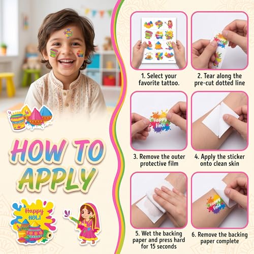 96 PCS Holi Hai Festival Temporary Tattoos for Kids