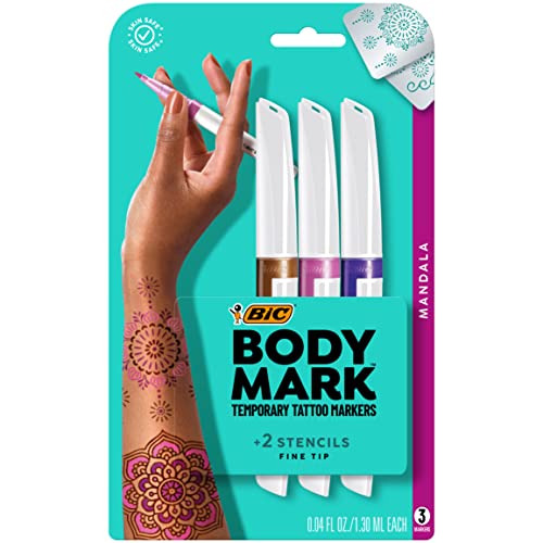 BIC BodyMark Temporary Tattoo Markers, Fine Tip, 3-Pack with Stencils