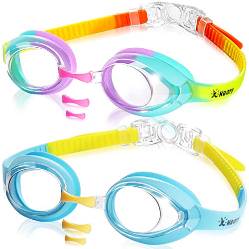 Keary 2 Pack Kids Swim Goggles Swimming Goggles for Toddler Children Girls Boys Youth, Anti-Fog Waterproof UV Protection Crystal Clear Flat Lens Water Pool Goggles with 3 Nose Piece, Kids Goggles 3-9