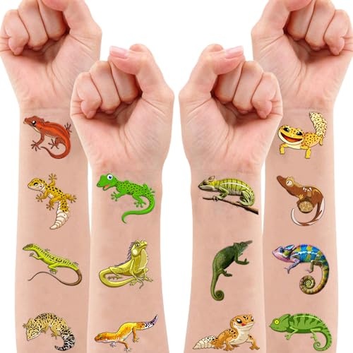 100 PCS Gecko Lizard Temporary Tattoos Themed Birthday Party Decorations Supplies Favors Decor Cute Leopard Reptile Chameleon Tattoo Stickers Gifts For Game Kids Boys Girls Classroom School Prizes