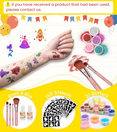 Glitter Tattoo Kit for Kids - 31 Colors, 165 Stencils