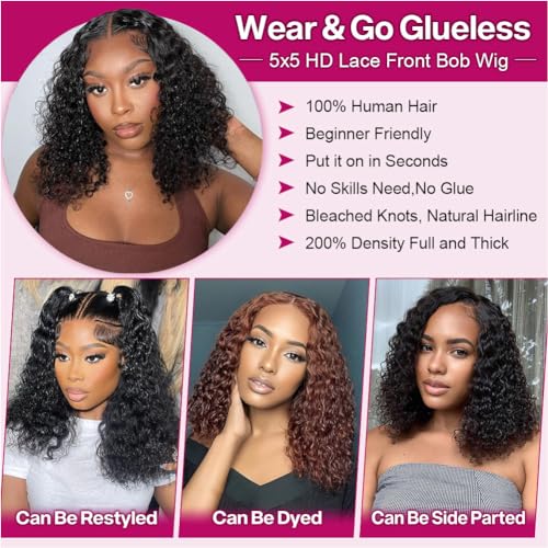 Ailwelia Curly Bob Wig Human Hair 5x5 Glueless Pre-Plucked 14"