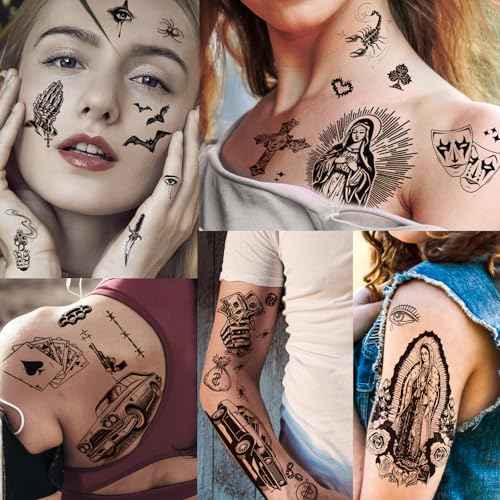 12 Sheets Large Chicano Temporary Tattoos, Cholo and Chola Temporary Tattoos, Chicana Guadalupe Gangster Fake Tattoos Day of the Dead, D?a de Muertos, Tatuajes Temporales, Halloween Mexico Tattoos