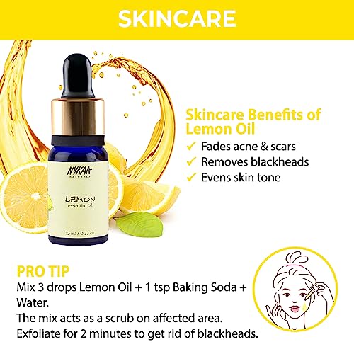 Nykaa Naturals Essential Oil, Lemon, 0.33 oz - Hair Oil for Dandruff - Face Oil to Fade Acne Marks - Removes Blackheads - Body Oil for Even Skin Tone