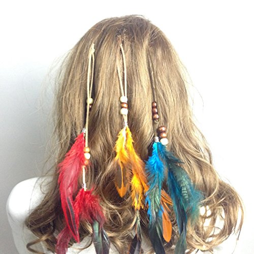 Jovono Women's Boho Handmade Feather Hair Clips Hippie Beaded Hair Extentions with Combs for Women and Girls (Orange)