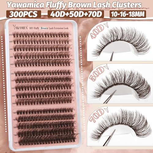 Yawamica Brown Lash Clusters Fluffier Eyelash Extension 10-16mm Individual Lashes D Curly Eyelash Clusters 40D+50D+70D Volume 300pcs Cluster Lashes Pesta?as Pelo a Pelo DIY Lash Extension at Home