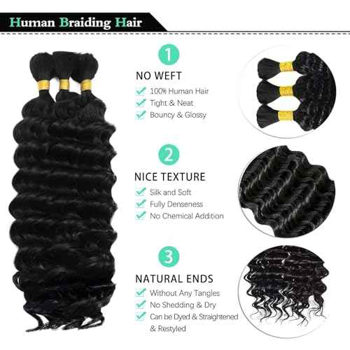 18 Inch Human Boho Braiding Hair, Deep Wave Bulk Hair Extension 100g Knotless No Weft 100% Virgin Hair 3 Bundles/Pack, Natural Black