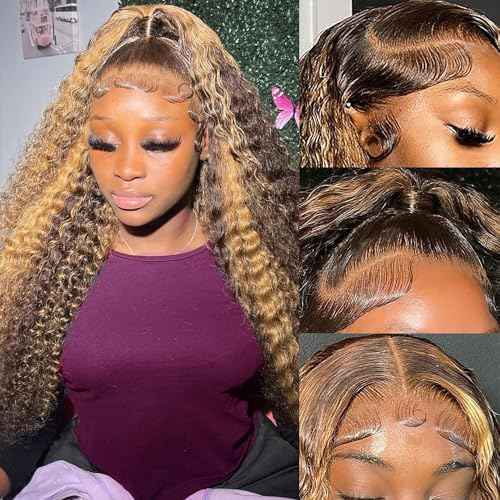 Highlight Ombre 13x6 Lace Front Wig Human Hair 13x6 Deep Wave HD Lace Frontal Wig for Women 180 Density Honey Blonde Deep Curly Frontal Wig Pre Plucked 4/27 Color 26 Inch