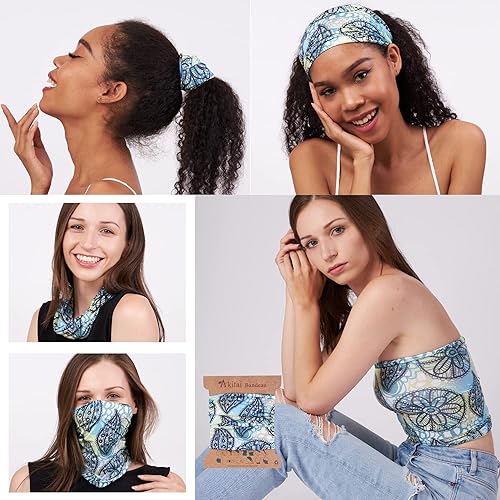 Akitai Headbands for Women - Boho Bandeau Headbands - Stylish Wide, Multipurpose, and Patterned Headbands - Acqua Leaves and Flowers Pattern