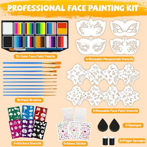 12-Color Water Activated Face Paint Kit with Brushes & Stencils