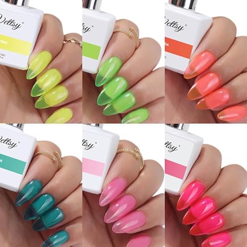 vettsy HEMA-Free Neon Jelly Gel Nail Polish Kit - 6 Bold & Vibrant Translucent Colors - Long-Lasting Soak-Off UV/LED Gel Polishes - Vegan, Cruelty-Free for Healthy, Glossy Nails
