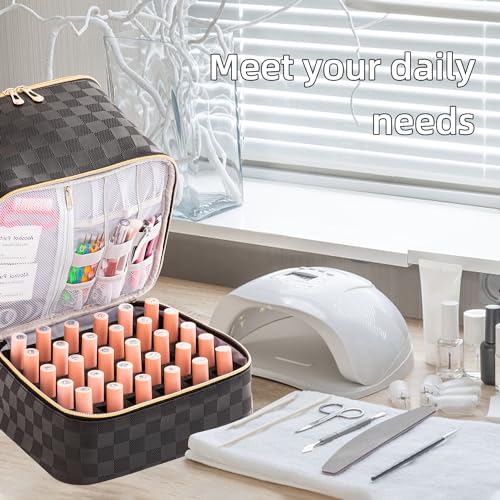 Portable Nail Polish Organizer Bag with UV Light Case - Holds 30 Bottles and 1 UV Nail Lamp, Double-Layers Nail Dryer Case for Gel Nail Polish Kit, Nail Art Decorations£¨Checkered Black£©