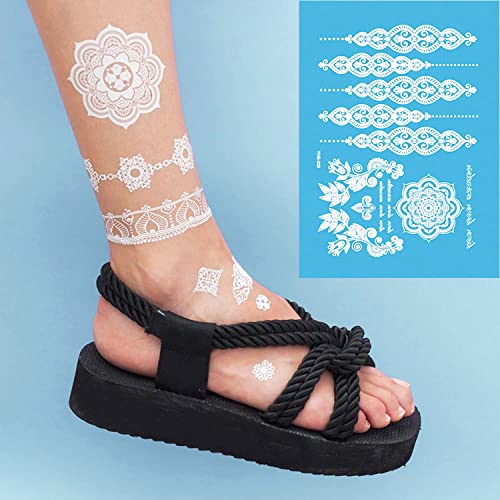White Henna Temporary Tattoos - 6 Sheets Lace Mandala Flower Body Art