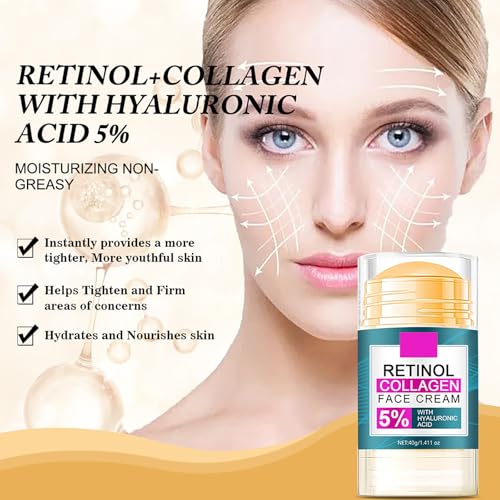 Retinol Collagen Face Cream with 5% Hyaluronic Acid - Anti-Aging Face Moisturizer Stick for Women Fade Lines Firming & Tightening Facial and Neck - Hydrating Face Stick for All Skin Types, 1.41 oz