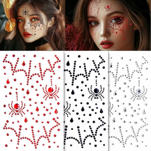 Spider Web Face Jewels Rhinestones Tattoo 3-Pack