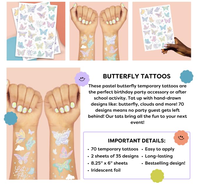 Pastel Butterfly Temporary Tattoos - 70 Foil Designs