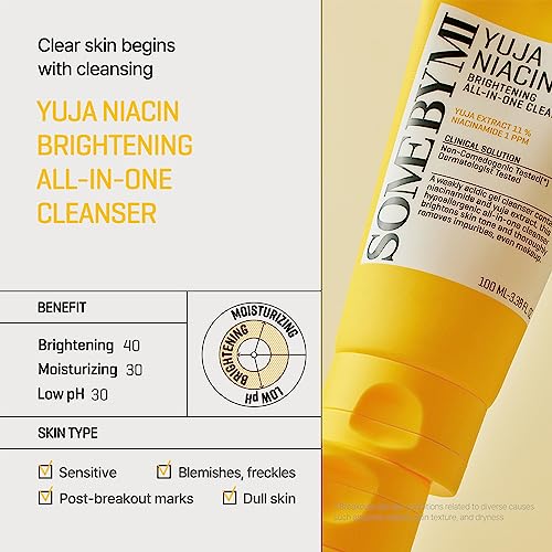 SOME BY MI Yuja Niacin Brightening All in One Cleanser - 3.38Oz, 100ml - Mild Daily Face Wash for Dull-Looking Skin - Low pH Formula with No Irritation - Pore and Sebum Care - Korean Skin Care