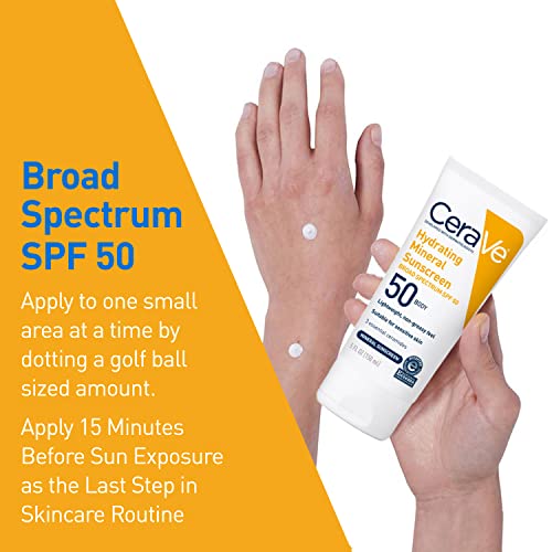CeraVe Hydrating Mineral Sunscreen SPF 50 Body Travel Size 5oz - Broad Spectrum, Fragrance-Free, Dermatologist Developed