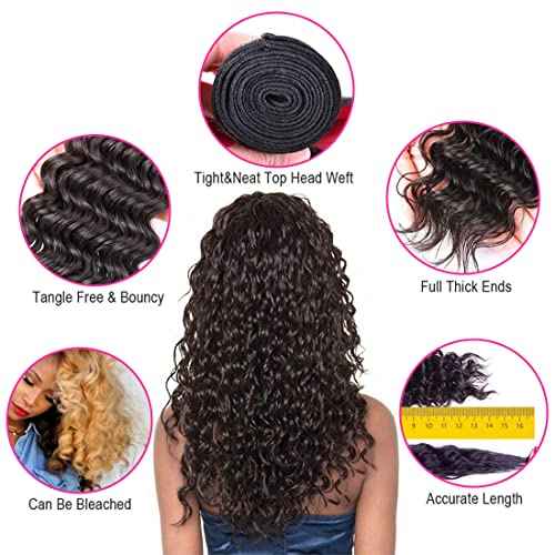Deep Wave Human Hair Bundles 12A Grade Brazilian Hair Deep Wave 3 Bundles Double Weft Weave Natural Color Curly Bundles 12 14 16 Inch 100% Virgin Remy Hair For Black Women