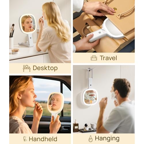 Gospire 6.8" Travel Vanity Mirror, 3-in-1 Hanging/Handheld/Desktop Use with Dual-Side Buttons, 1X/10X Magnification, 3-Color Dimmable LED, Auto Memory + Velvet Pouch (White)