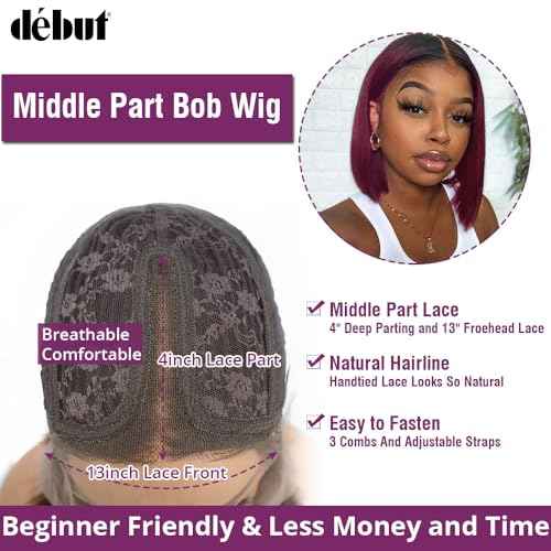 D?BUT Short Bob Wigs 1B Burgundy Lace Front Wigs Human Hair Middle Part Wigs Brazilian Virgin Straight Hair 13x4x1 T Part Wigs for Black Women 1B/99J 8 Inches