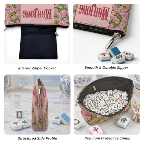 Pink Floral Mahjong Tile Bag - Durable Zippered Pouch for Accessories