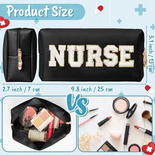 CY2SIDE NURSE Letter Makeup Bag - White Chenille Letter Patch Cosmetic Bag Black PU Leather Patch Travel Pouch Waterproof Portable Zipper Travel Organizer Case Christmas Gifts for Nurse Women