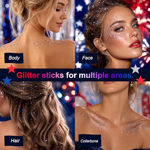 Star Face Glitter Stick - Red White Blue Holographic Sequins