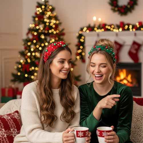 2Pcs Christmas Headbands for Women - Red Green Pearl Rhinestone Crystal Jeweled Christmas Headband - Womens Headbands Fashion Elegant Wide Top Knot for Women Holiday Clothes Accessories(Red Green)