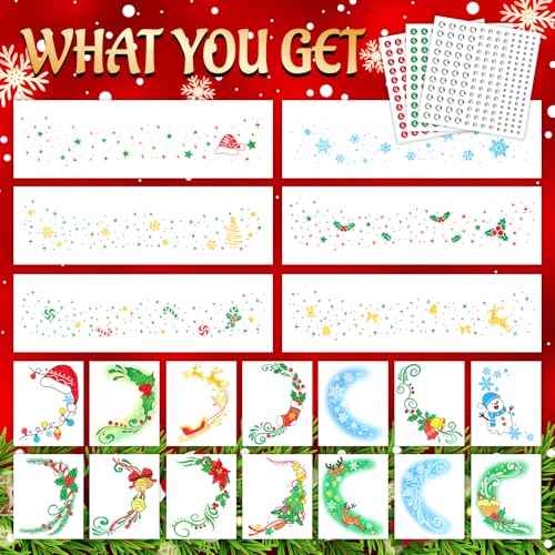 EMOME Christmas Decorations, Christmas Glitter Faux Freckles Face Tattoos with Red Green White Face Gems, Christmas Face Paint Makeup Kit for Women, Kids, Party Favors, Xmas Stocking Stuffers