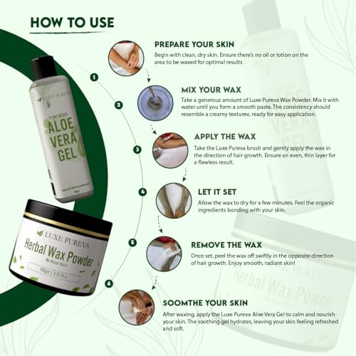 LuxePureva Herbal Hair Removal Kit (Herbal Wax Powder-3.52oz with Applicator Brush and Aloe Vera Gel 50ml)
