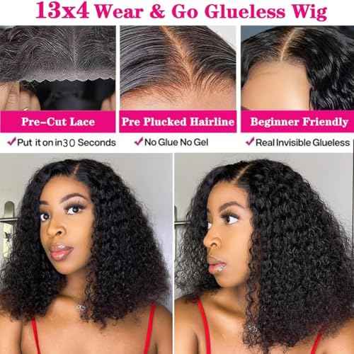 Glueless Wigs Human Hair Pre Plucked Pre Cut Wear and Go Glueless Wig 13x4 HD Deep Wave Lace Front Wigs Human Hair for Black Women Frontal Wigs with Natural Hairline 180% Density 14 Inch