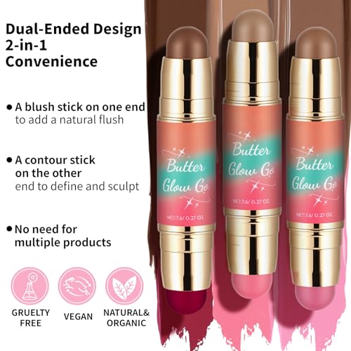 SPRINGSKY Dual-Ended Blush and Bronzer Stick - 2-in-1 Cream Face Contour & Cheek Makeup, Hydrating & Buildable Color, Natural Glow for Women