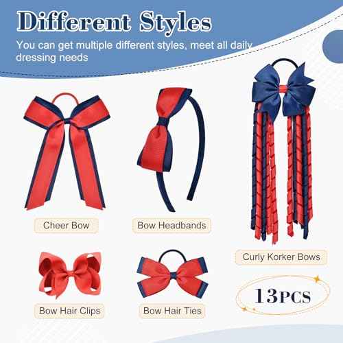 DEEKA Navy Blue & Red School Hair Accessories Set 13 Pcs Uniform Hair Bow Headband Clips Hair Ties Curly Korker Bows for Little Toddler School Girls (Navy Blue&Red)