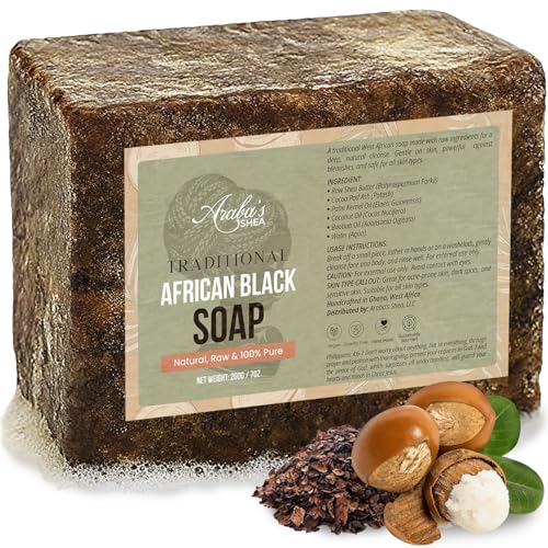 Araba's Shea Traditional African Black Soap ? 100% Raw, Natural & Handmade in Ghana ? With Shea Butter & Coconut Oil ? Deep Cleansing Face Wash & Body Soap for Acne, Dark Spots & Glowing Skin ? 7oz
