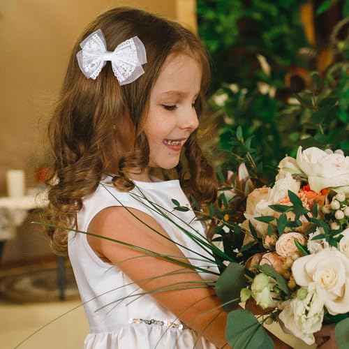 White Mesh Lace Hair Bow Clips Girls 4" Lace Fabric Bowknot Barrettes Alligator Hairpins for Flower Girl Kids Teens Toddler Bride Wedding Communion Pageant Party Dress Accessories Gift