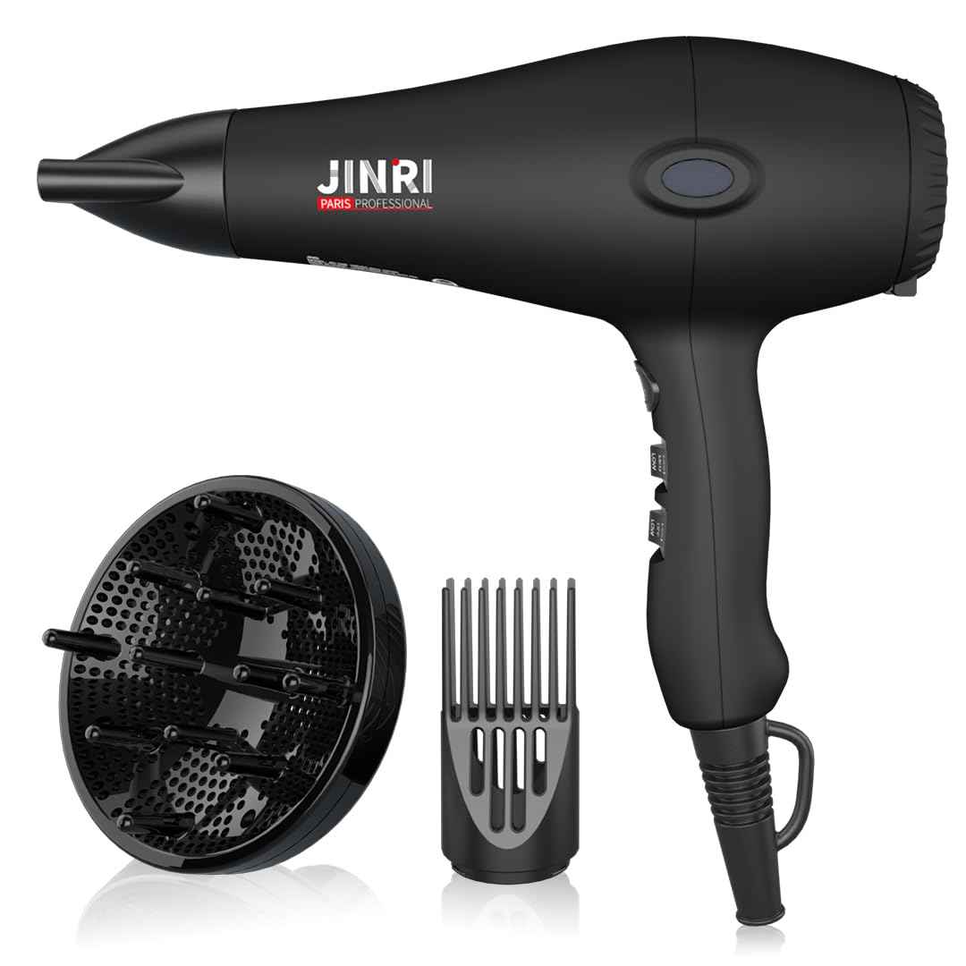 JINRI Hair Dryer, 1875W, 3 Heat & 2 Speed, with Diffuser, with Concentrator, Detachable Air Intake, Ionic Technology & Infrared - Black, Hanging Strap, Non-Foldable JR-108